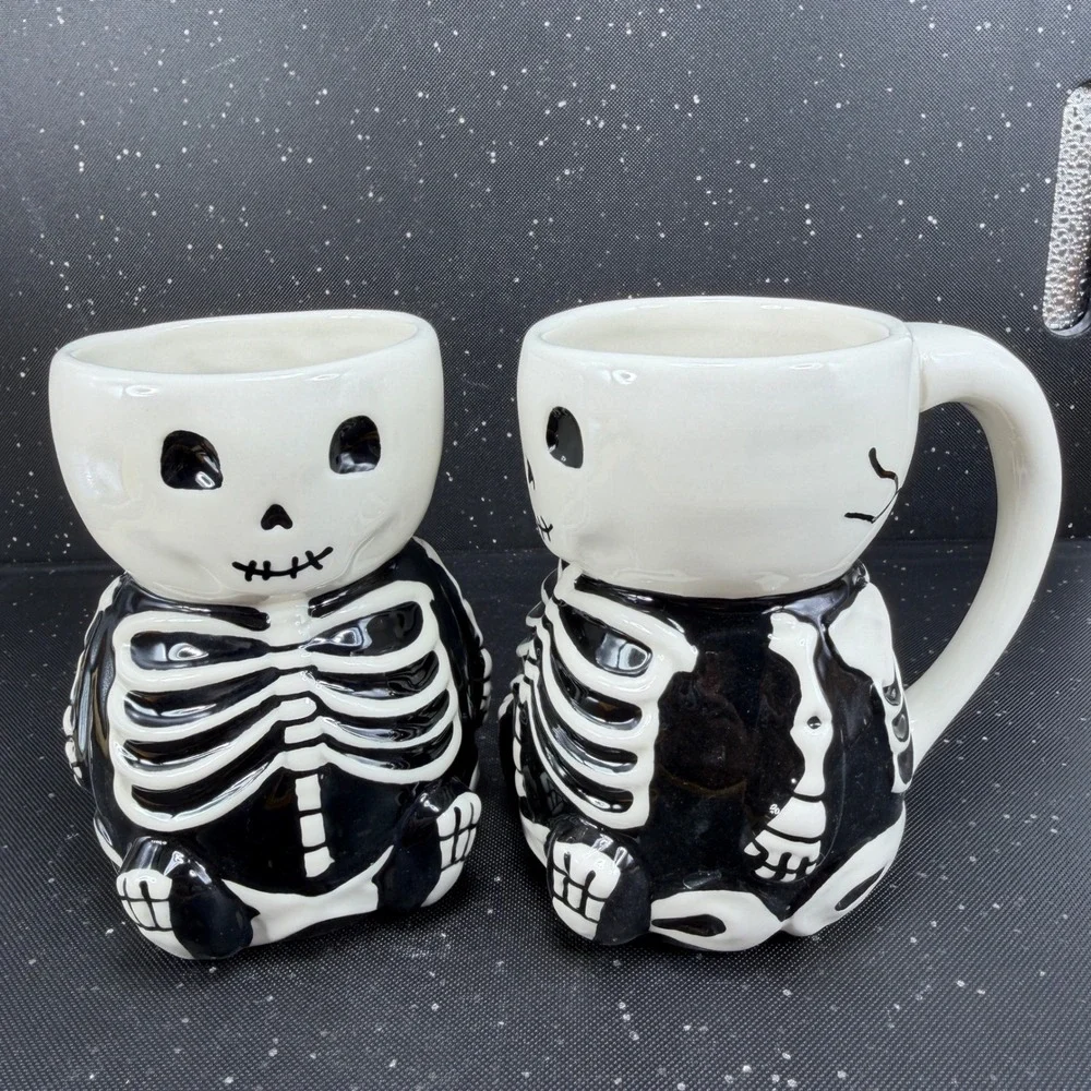 Pottery Barn Skeleton Mugs Set of 2 Black White Ceramic Halloween Coffee Cups